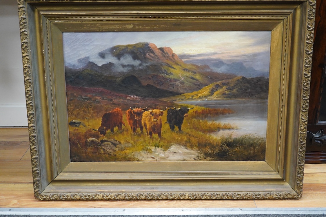 Gustav de Breanski (fl.1880-1892), oil on canvas, Landscape scene with highland cattle, 39 x 60cm. Condition - fair-good